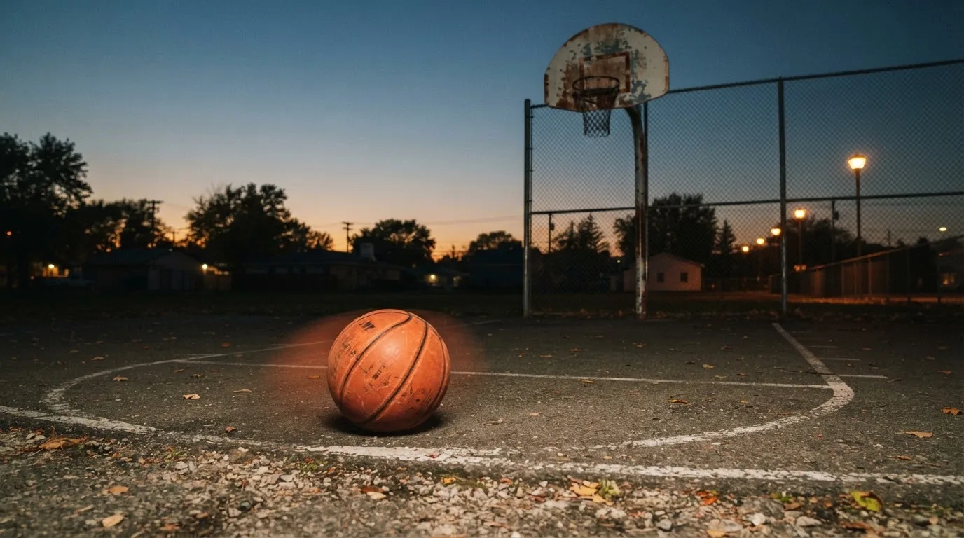 Ein Basketball rollt auf einem Freiluftplatz in der Abenddämmerung zu einem Korb, die Straßenlaternen leuchten bereits.
