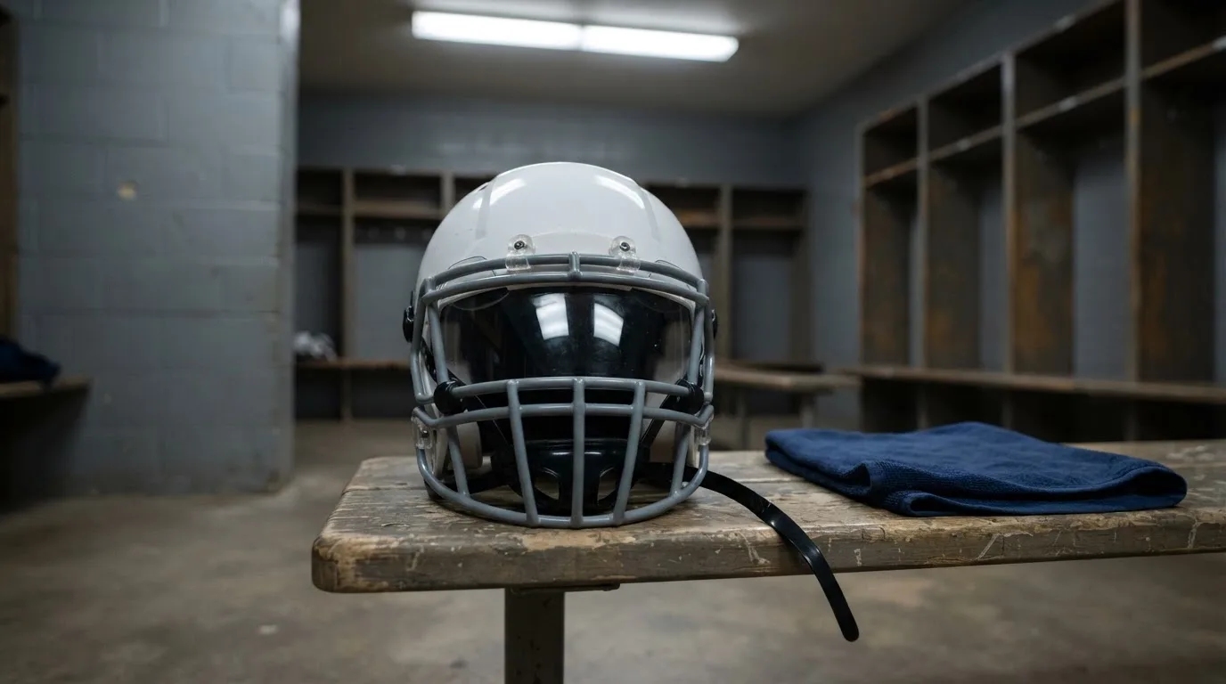 Ein neutraler Footballhelm ohne Aufdruck steht auf einer Holzbank in einer Umkleidekabine.
