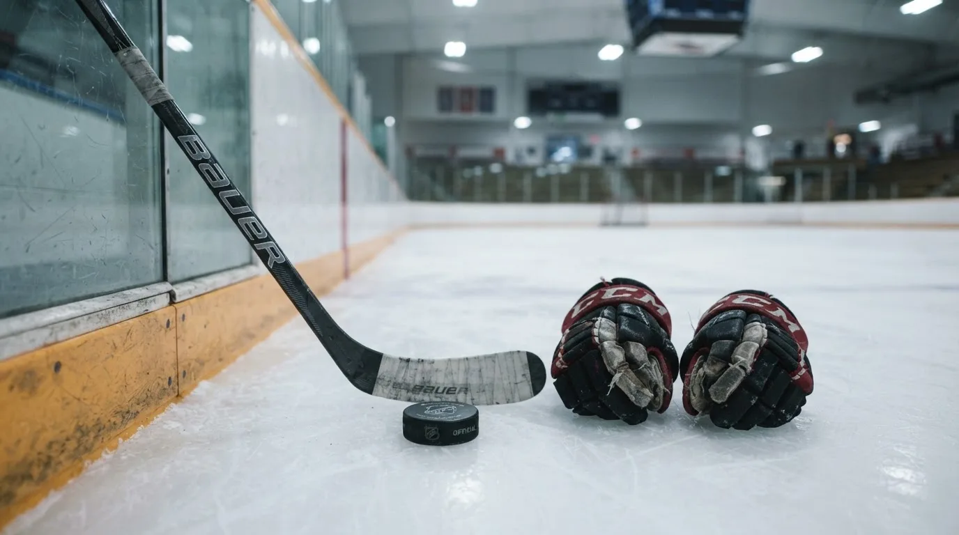 Ein Eishockeyschläger lehnt an einer Bande, daneben liegen ein Puck und ein Paar Handschuhe in einer Eishalle.