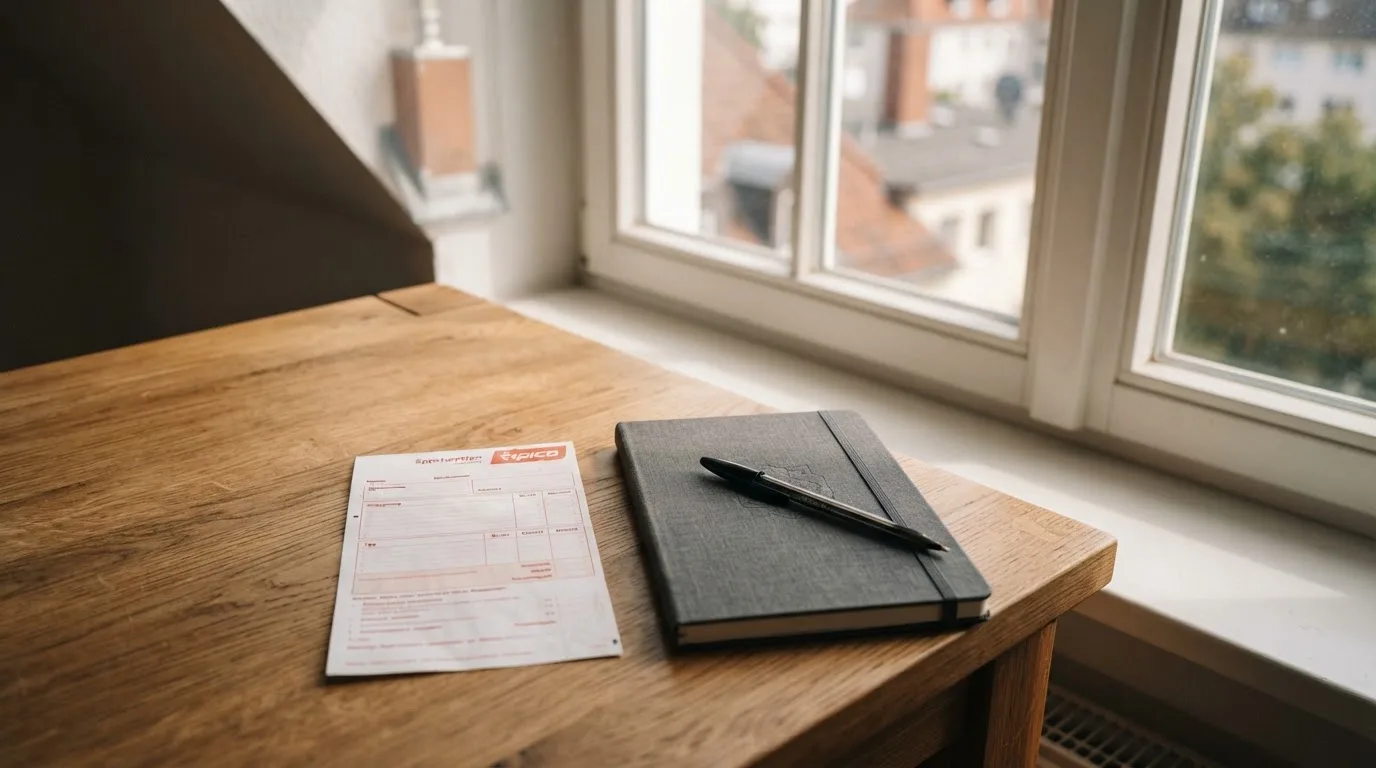 Ein leerer Wettschein aus Papier liegt neben einem Notizbuch und einem Stift auf einem Schreibtisch am Fenster.