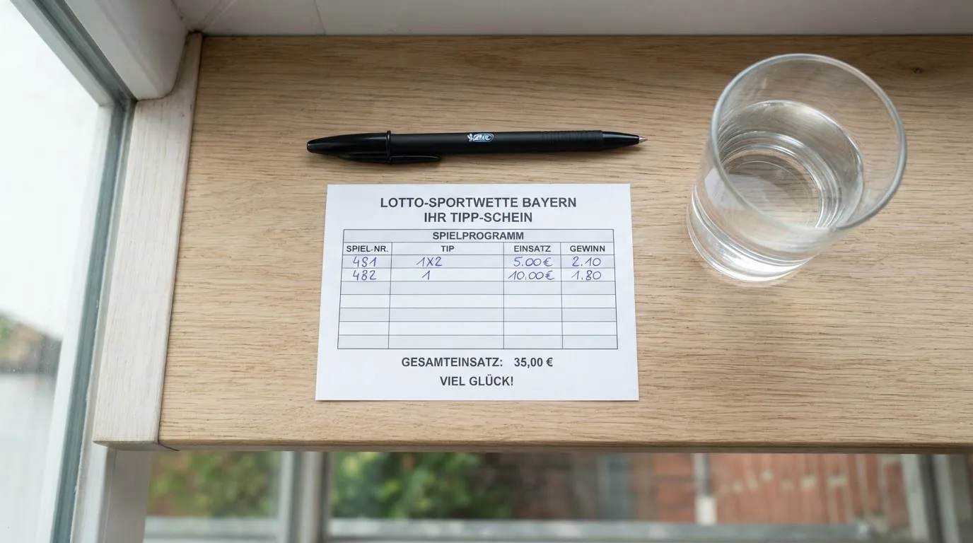 Ein leerer Wettschein aus Papier und ein Kugelschreiber liegen neben einem Glas Wasser auf einer Fensterbank.