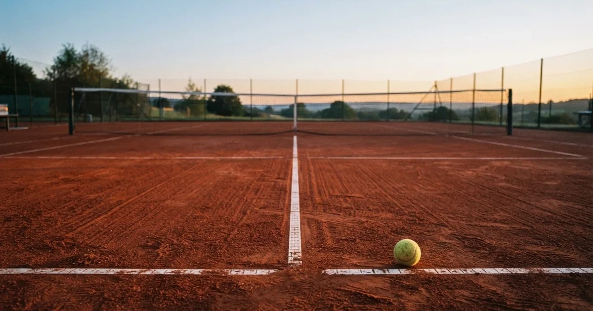 Ein Sandplatz am frühen Morgen mit frisch gezogenen Linien, einem Netz in der Mitte und einem gelben Ball auf der Grundlinie.