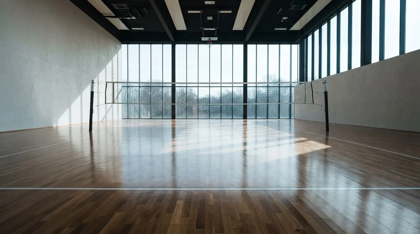 Eine leere Sporthalle mit gespanntem Volleyballnetz und glänzendem Parkett, durch hohe Fenster fällt Tageslicht.