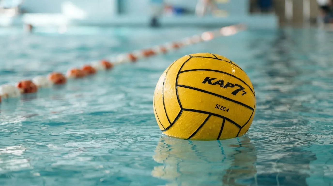 Ein gelber Wasserball treibt in Nahaufnahme auf der Wasseroberfläche neben einer Leine mit Bojen.