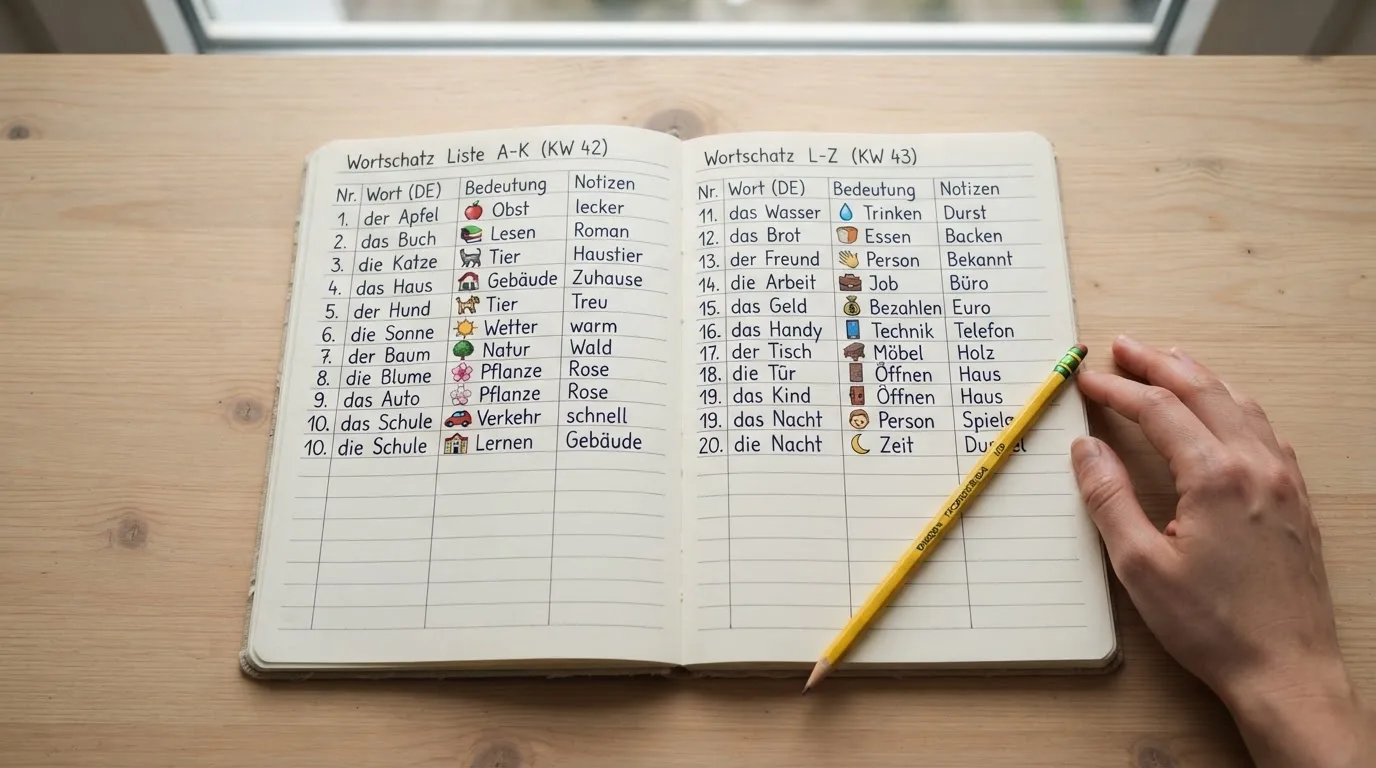 Ein Notizbuch mit handschriftlichen Spalten und einem Bleistift liegt auf einem Schreibtisch neben einem Taschenrechner.