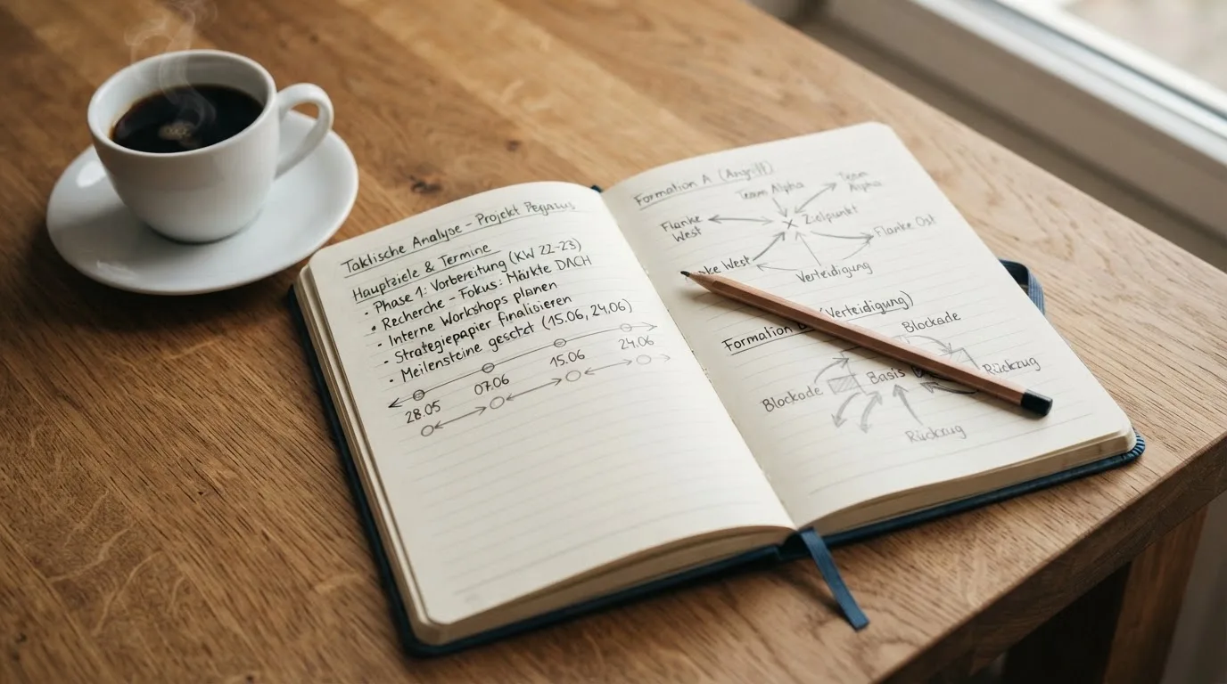 Ein aufgeschlagenes Notizbuch mit handschriftlichen Skizzen liegt neben einem Bleistift auf einem Holztisch, daneben eine Tasse Kaffee.