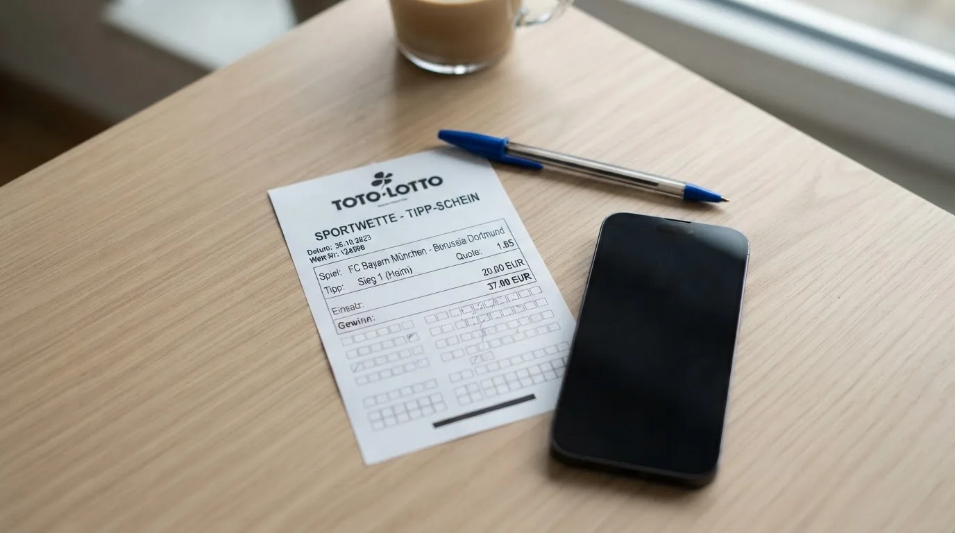 Ein leerer Papier-Wettschein liegt neben einem Smartphone mit dunklem Display auf einer hellen Tischplatte, daneben ein Kugelschreiber.