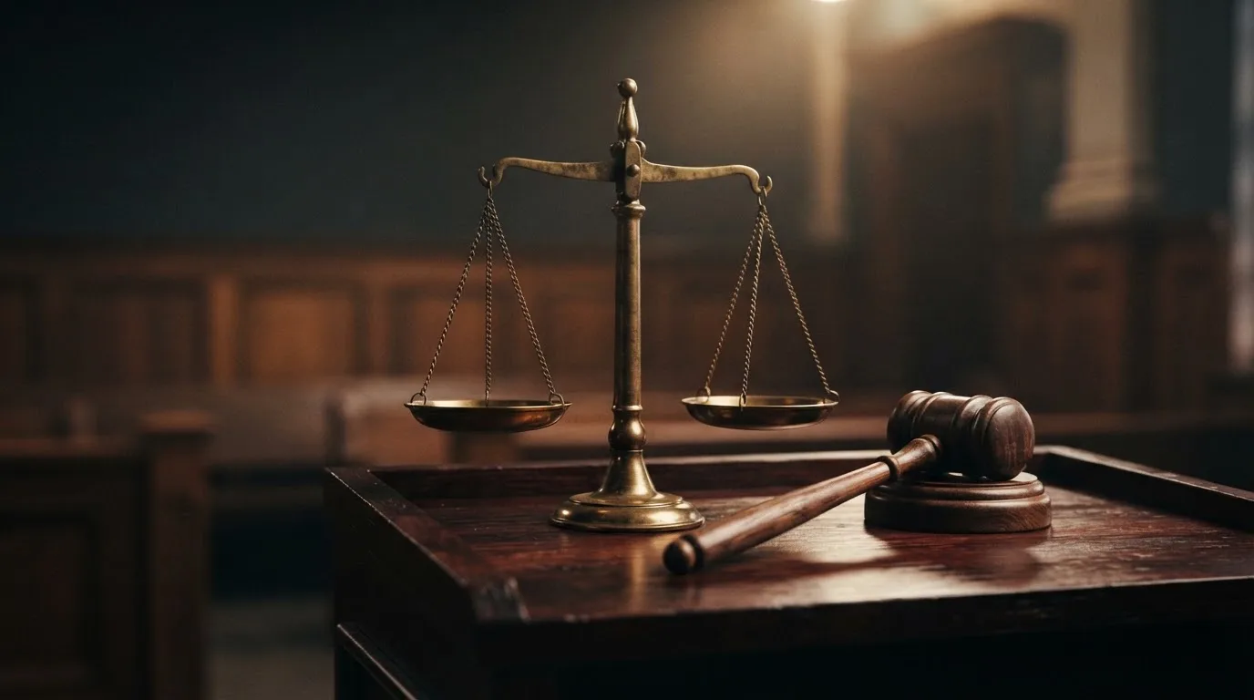 Eine Balkenwaage aus Messing steht im Gleichgewicht auf einem dunklen Pult neben einem hölzernen Richterhammer, dahinter eine unscharfe Wand.