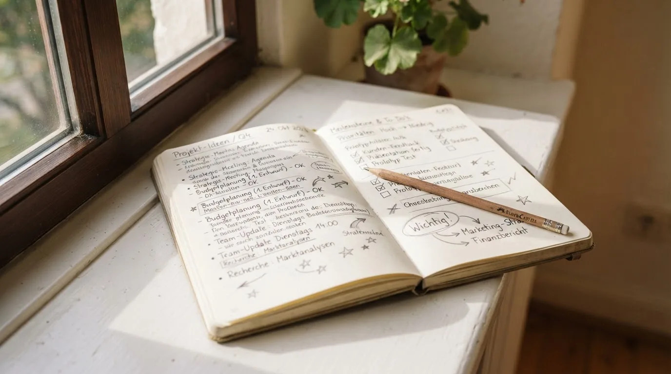 Ein aufgeschlagenes Notizbuch mit handschriftlichen Skizzen und ein Bleistift liegen auf einer Fensterbank im Tageslicht.