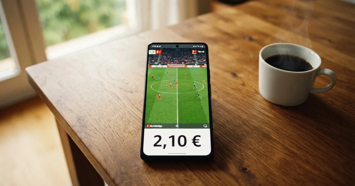 Ein Smartphone mit dunklem Display liegt auf einem Holztisch neben einer Tasse Kaffee, im Hintergrund ein unscharfes Fenster.