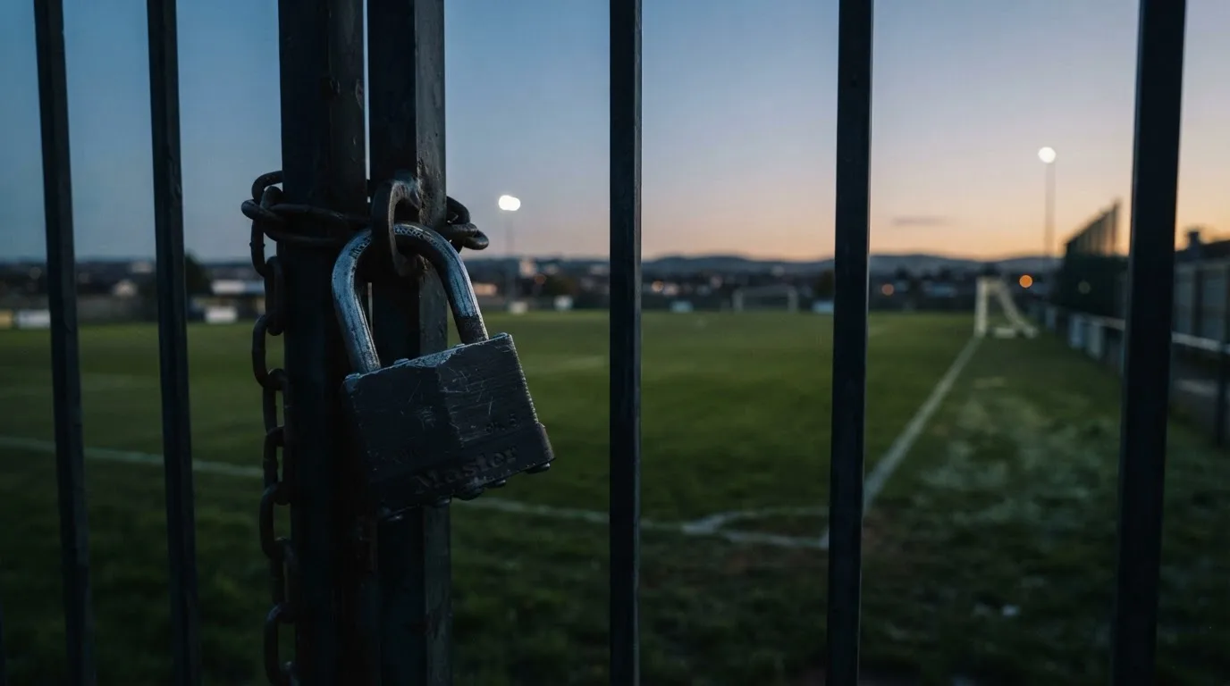 Ein Vorhängeschloss hängt an einem Metalltor in der Dämmerung, im Hintergrund unscharf ein Fußballplatz.