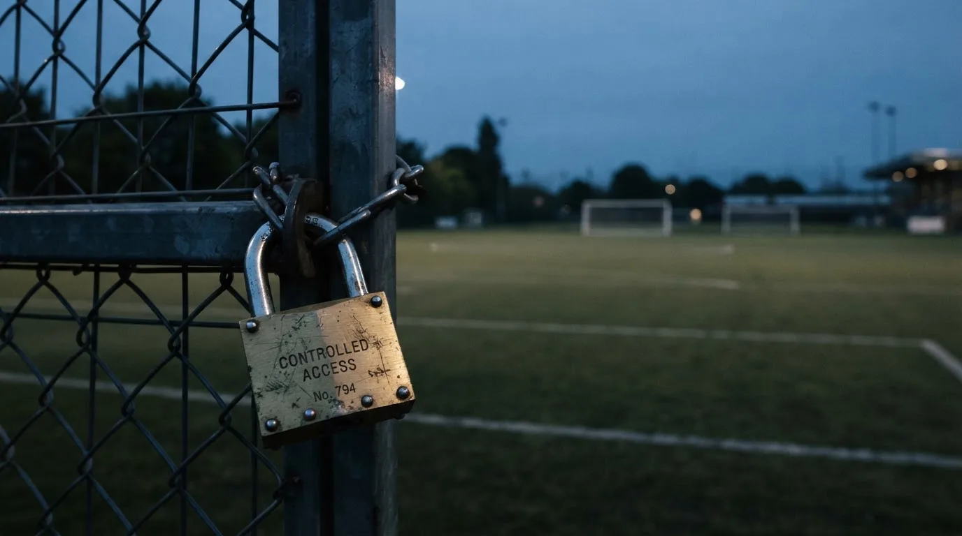 Ein Vorhängeschloss hängt an einem Metalltor in der Dämmerung, im Hintergrund unscharf ein leerer Fußballplatz.