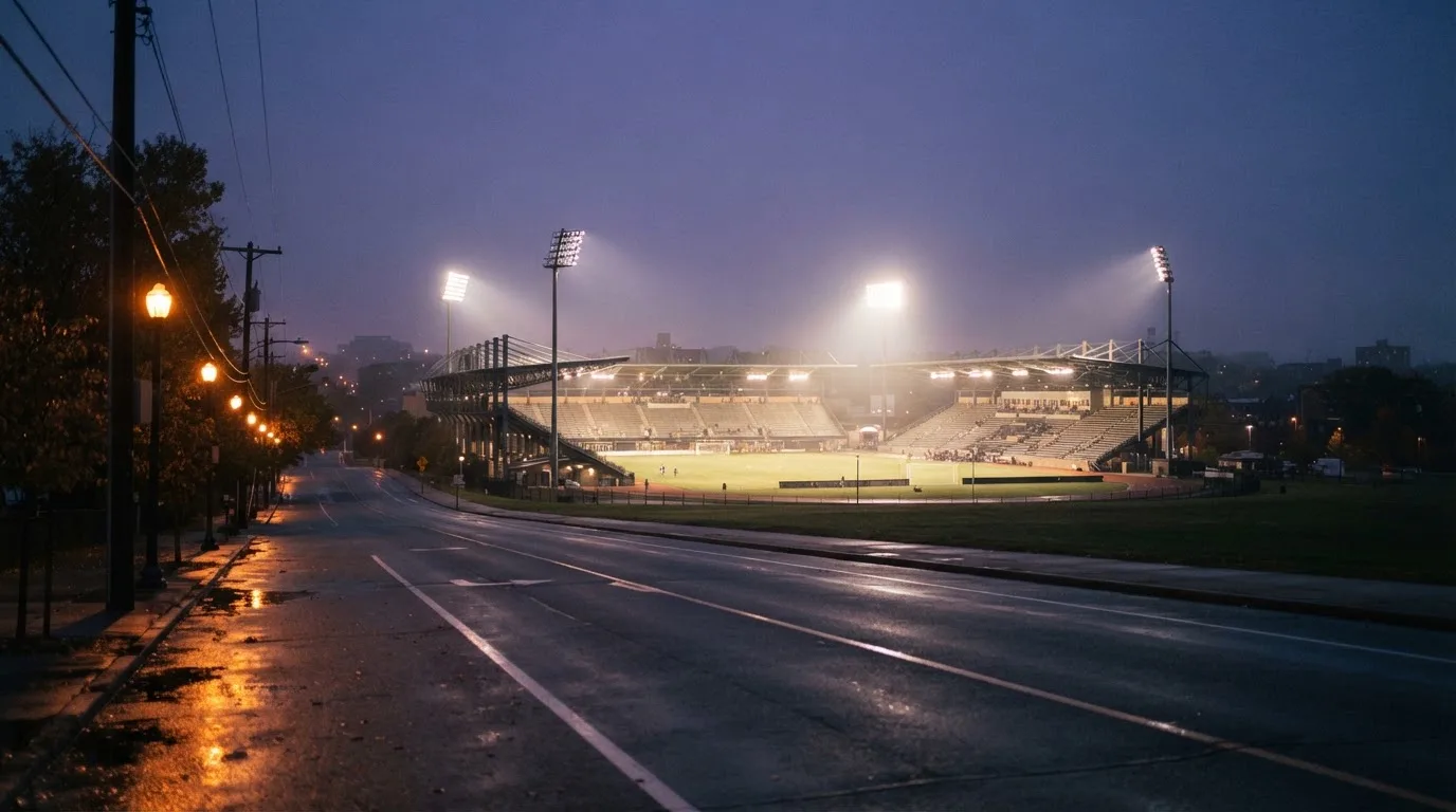 Ein Stadion unter Flutlicht aus der Ferne gesehen, davor eine leere Straße in der Abenddämmerung mit leichtem Dunst.