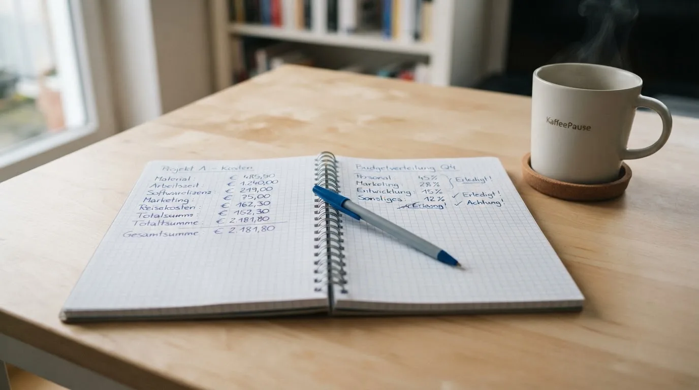 Ein Notizbuch mit handschriftlichen Rechnungen und ein Taschenrechner liegen auf einem hellen Schreibtisch neben einer Kaffeetasse.