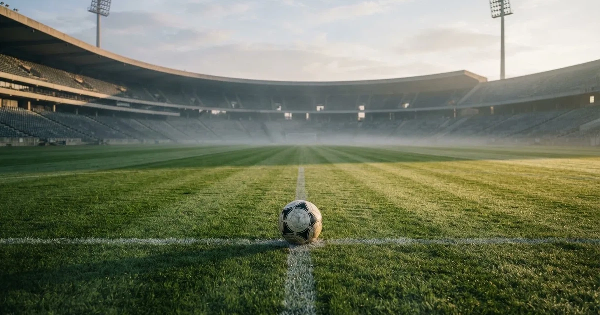Ein Fußball liegt auf dem Anstoßpunkt eines Rasenplatzes, dahinter leere Tribünen im Licht des frühen Morgens.