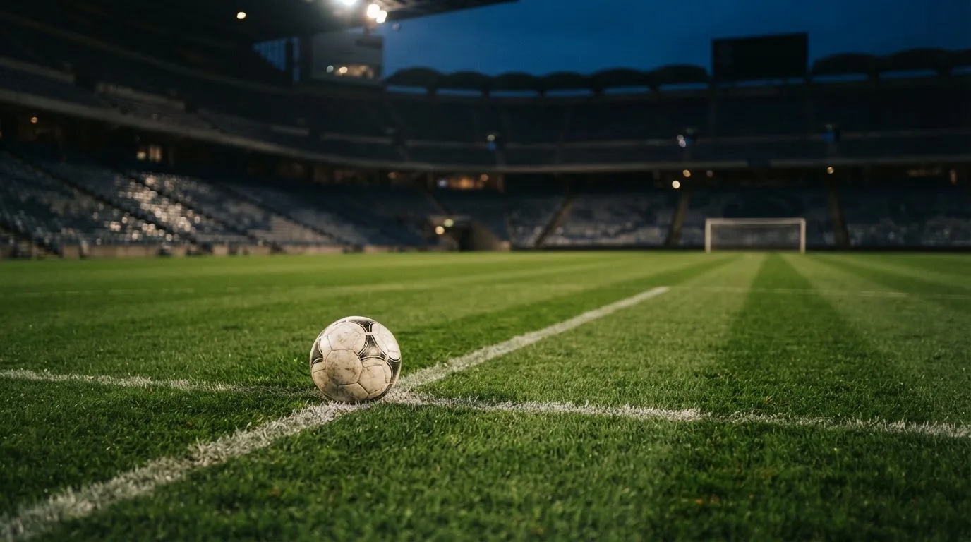 Ein Fußball liegt auf dem Anstoßpunkt eines leeren Rasenplatzes, dahinter ragen dunkle Ränge in den Abendhimmel.