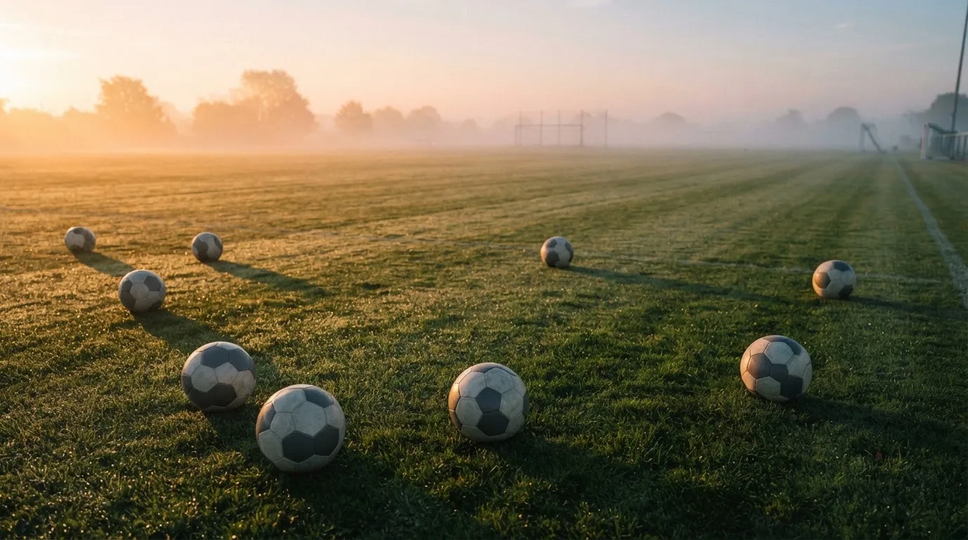 Mehrere Fußbälle liegen verstreut auf einem Rasenplatz am frühen Morgen, Tau glänzt auf dem Gras.