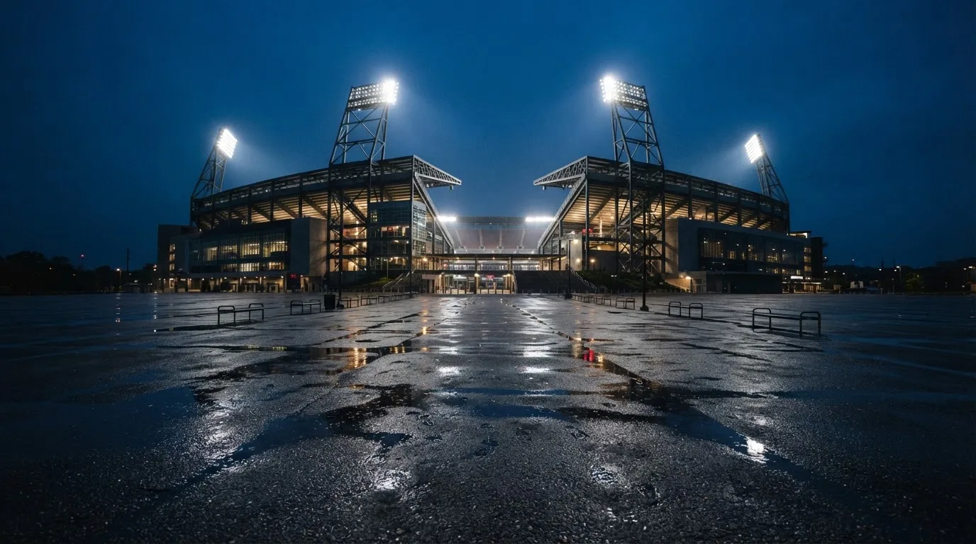 Ein Stadion unter Flutlicht von weitem betrachtet, davor ein stiller Platz bei Dunkelheit und feuchtem Asphalt.