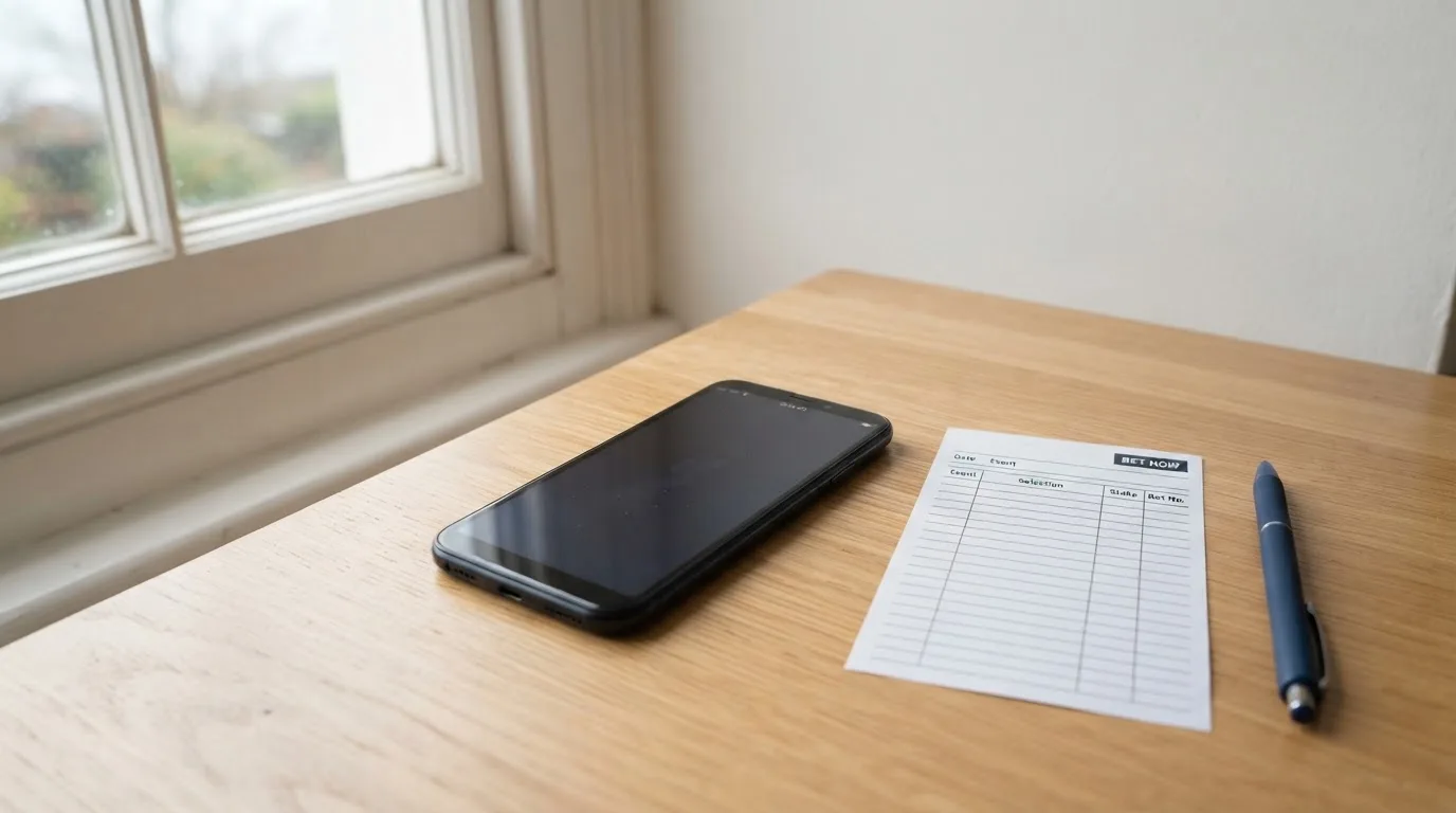Ein Smartphone mit dunklem Display liegt neben einem leeren Papier-Wettschein auf einem Tisch am Fenster.