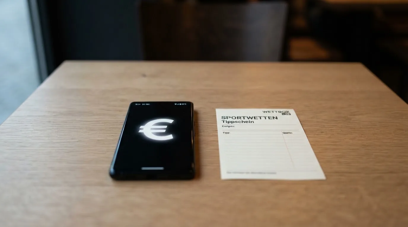 Ein Smartphone mit dunklem Display liegt neben einem leeren Papier-Wettschein auf einem Tisch, Licht fällt von der Seite.