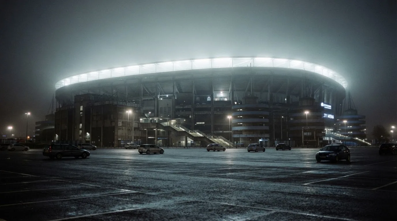 Ein Stadion unter Flutlicht aus der Ferne gesehen, davor ein stiller Parkplatz bei Nebel.