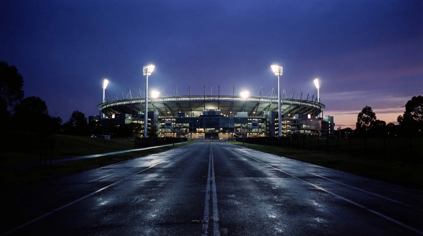 Ein Stadion unter Flutlicht aus großer Entfernung, davor eine leere Straße in der Abenddämmerung.
