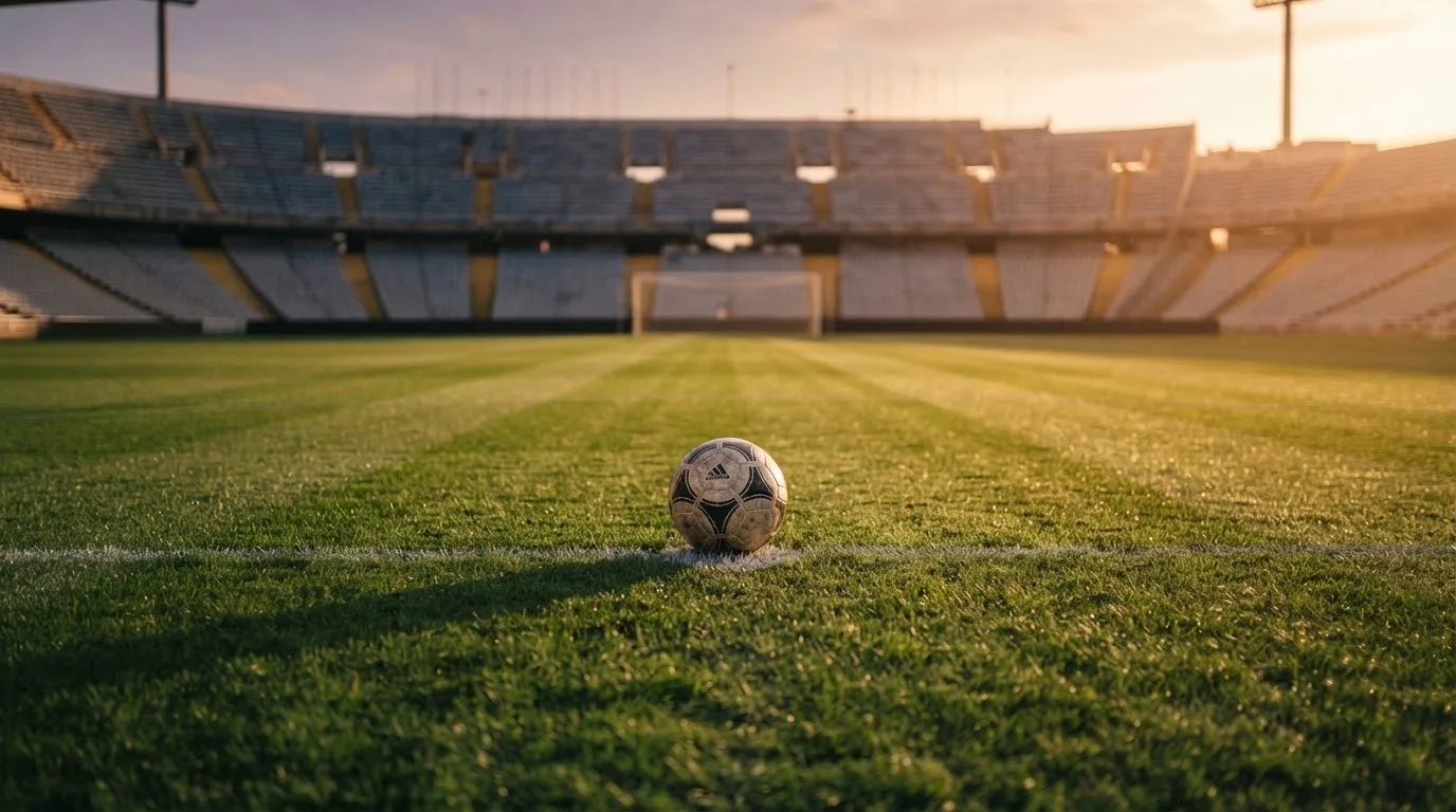 Ein Fußball liegt auf dem Anstoßpunkt eines Rasenplatzes, dahinter eine leere Tribüne im Abendlicht.