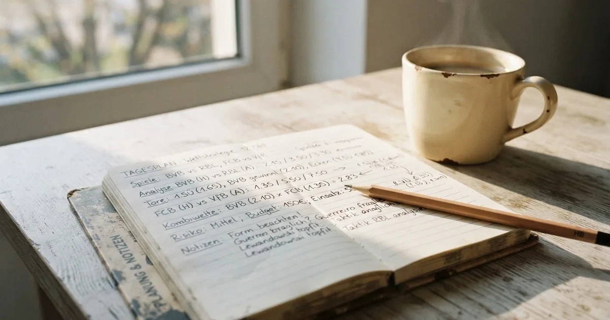 Eine Kaffeetasse, ein Notizbuch mit handschriftlichen Notizen und ein Bleistift auf einem hellen Schreibtisch am Morgen.