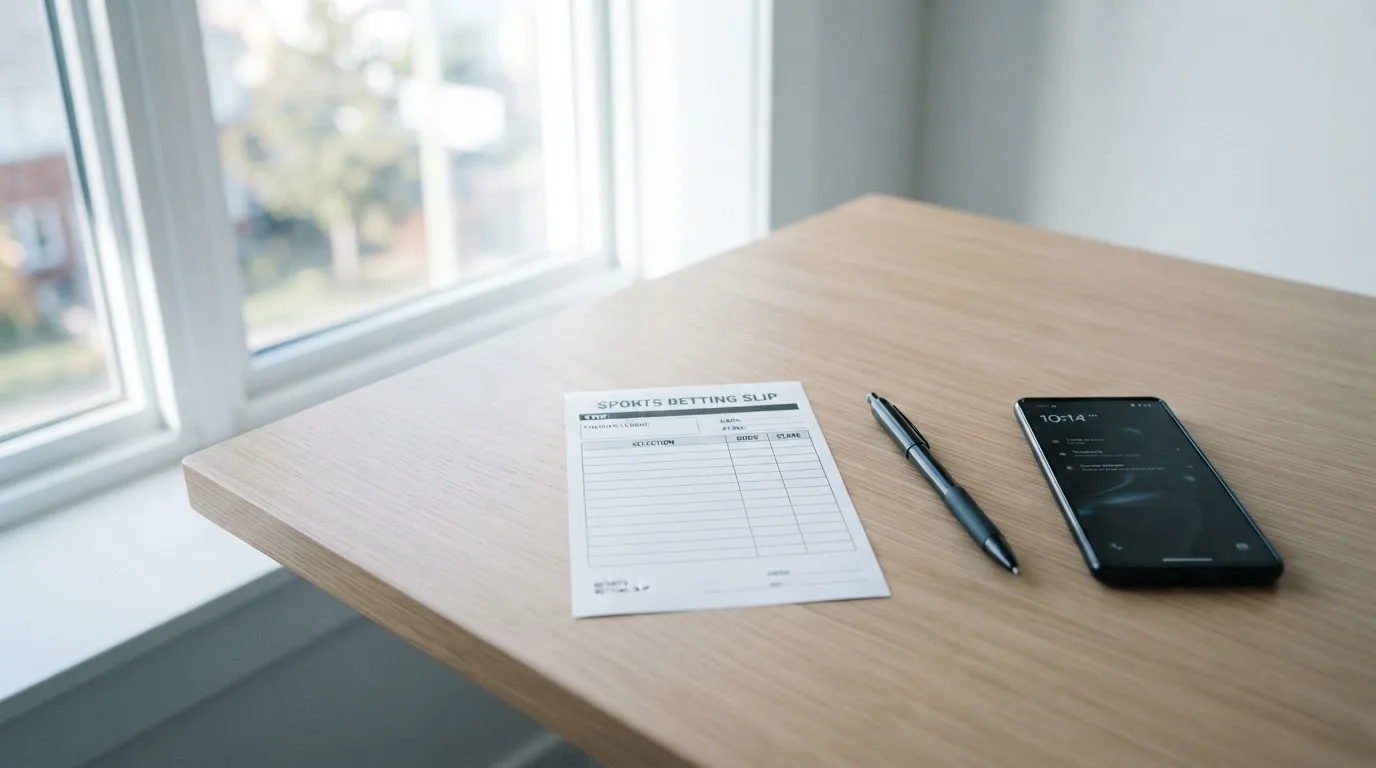 Ein leerer Papier-Wettschein und ein Kugelschreiber liegen neben einem Smartphone mit dunklem Display auf einem Schreibtisch am Fenster.