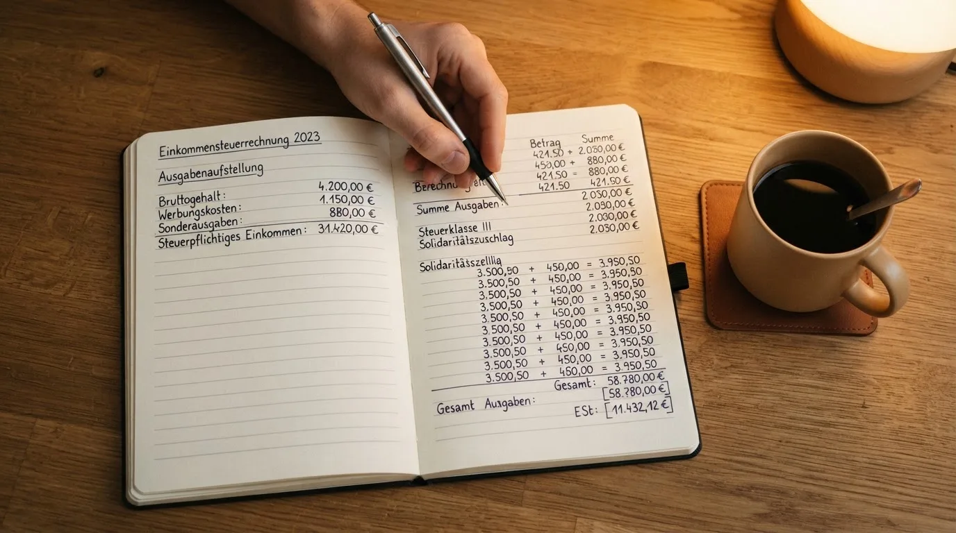 Ein Notizbuch mit handschriftlichen Notizen und ein Taschenrechner stehen auf einem Schreibtisch, daneben eine Tasse.