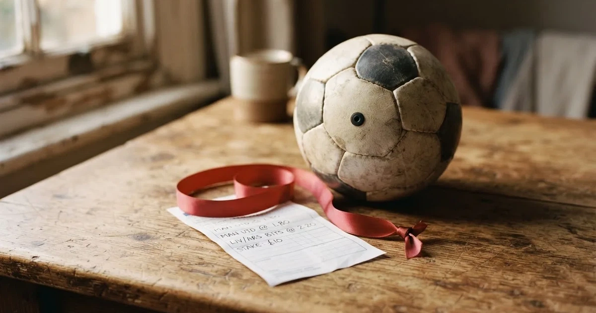 Ein kleines Geschenkband liegt neben einem Fußball und einem leeren Papier-Wettschein auf einem Holztisch im Tageslicht.