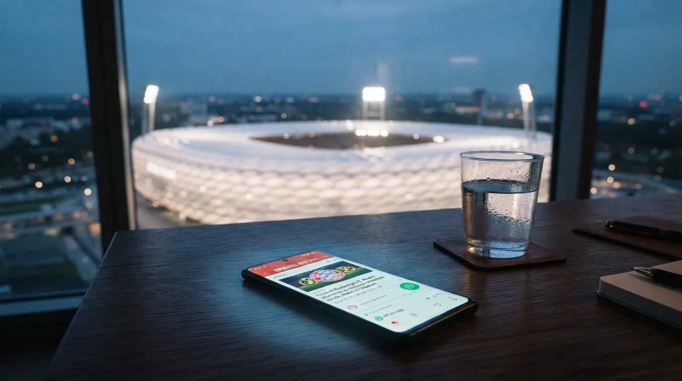 Ein Smartphone mit dunklem Display liegt auf einem Schreibtisch neben einem Glas Wasser, im Fenster dahinter ein Stadion im Dämmerlicht.