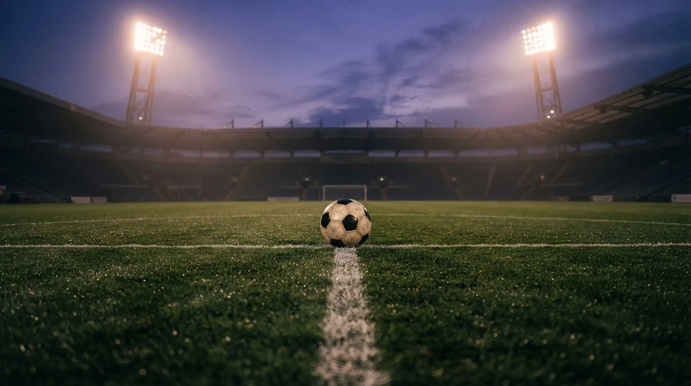 Ein Fußball liegt auf dem Mittelkreis eines leeren Rasenplatzes unter Flutlicht am frühen Abend, die Tribünen sind nur schemenhaft zu erkennen.