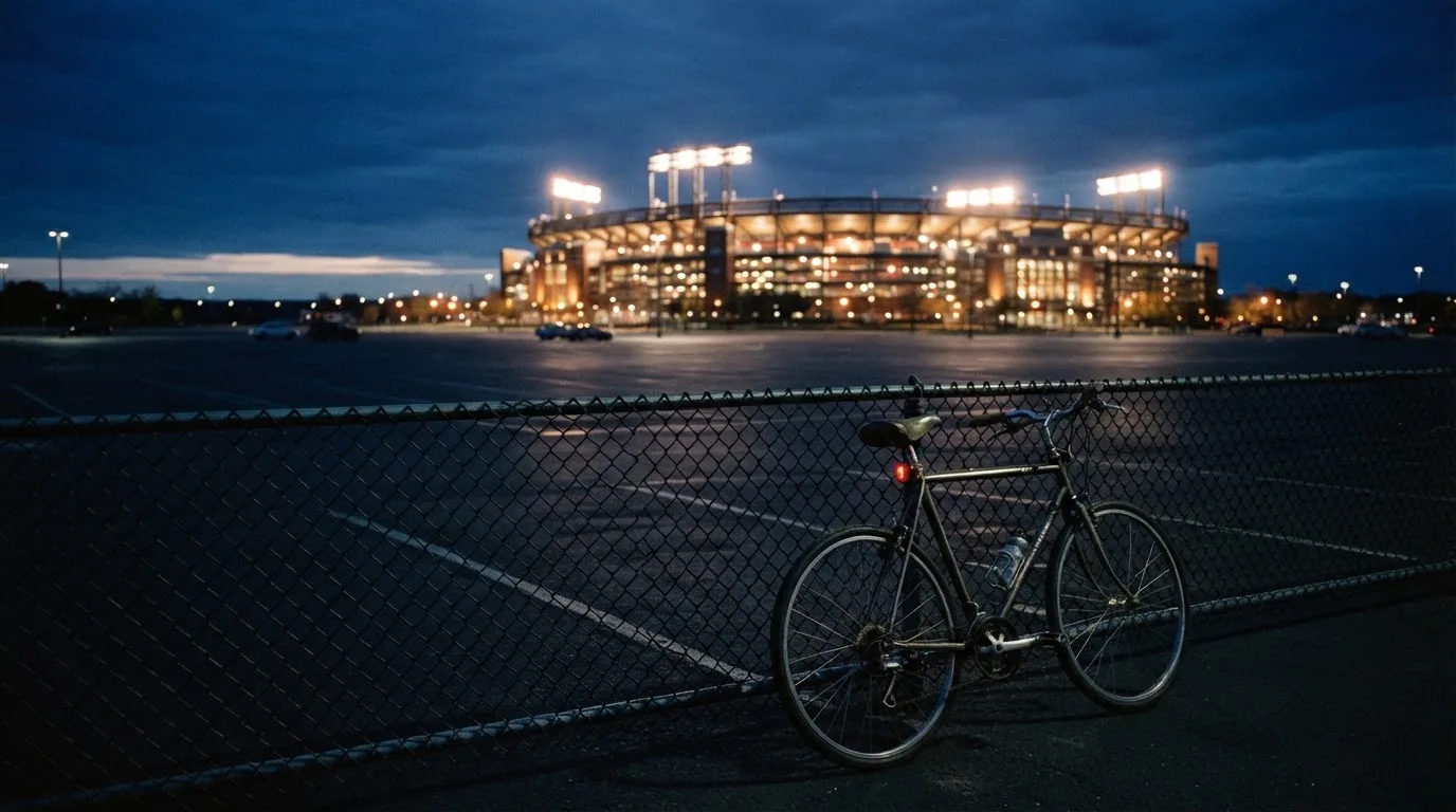 Ein Stadion unter Flutlicht aus der Ferne gesehen, davor ein dunkler Parkplatz und ein einzelnes Fahrrad an einem Zaun.