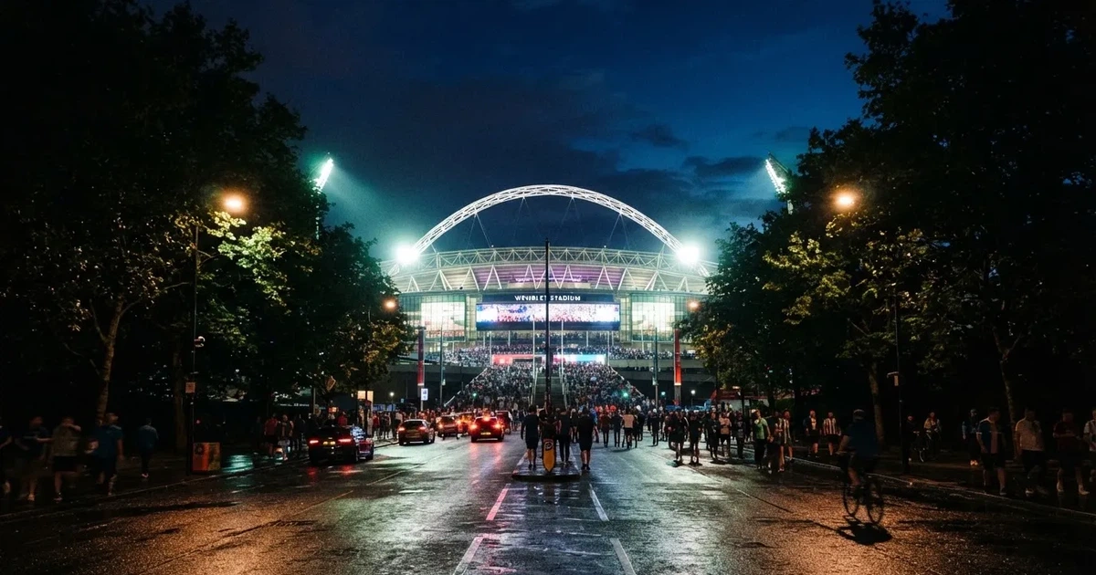 Ein Fußballstadion bei Nacht aus großer Entfernung, hell erleuchtet unter Flutlicht, davor eine dunkle Straße und Bäume.