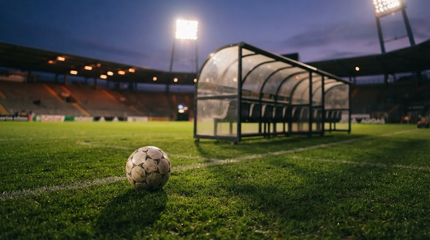 Ein Fußball liegt am Spielfeldrand neben einer leeren Ersatzbank, das Flutlicht über dem Platz leuchtet in der Dämmerung.