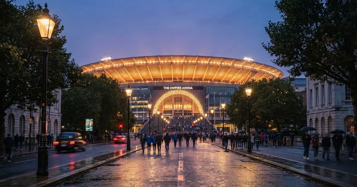 Ein großes Fußballstadion mit hell erleuchtetem Rund, aus der Ferne am Abend gesehen, davor eine breite Allee mit Laternen.