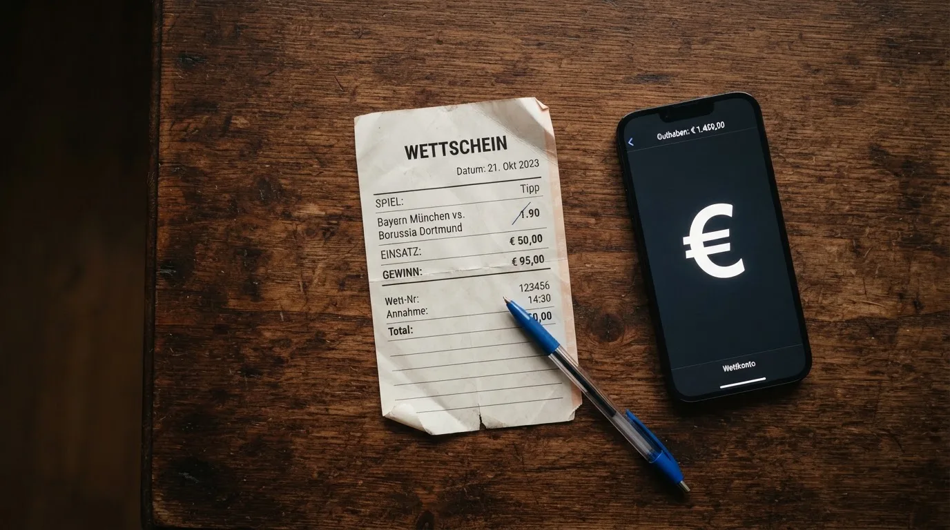 Ein leerer Papier-Wettschein und ein Kugelschreiber liegen auf einem Holztisch neben einem schwarzen Smartphone.