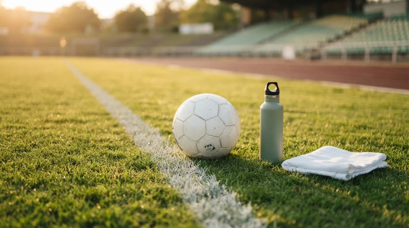 Ein Fußball auf einer Wiese neben der Seitenlinie, daneben eine Trinkflasche ohne Aufdruck und ein Handtuch.
