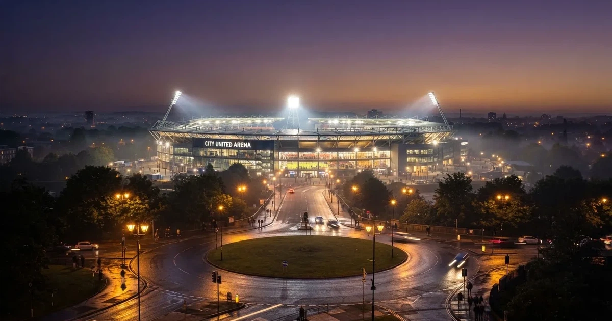 Ein Fußballstadion in der Dämmerung aus der Ferne, die Flutlichter gerade eingeschaltet, davor ein Kreisverkehr mit Laternen.