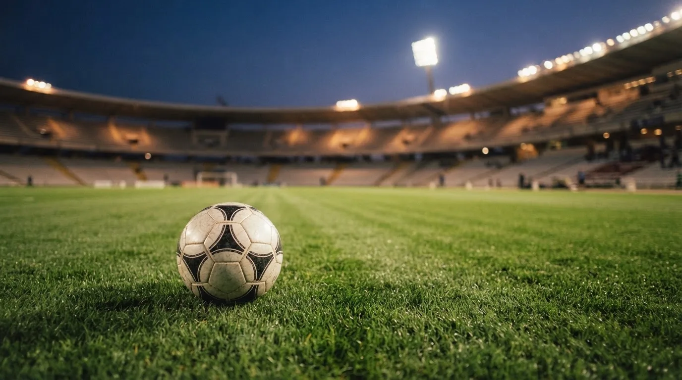 Ein Fußball liegt auf einem Rasenplatz in der Dämmerung, im Hintergrund ein ferner Stadionrand unter Flutlicht.