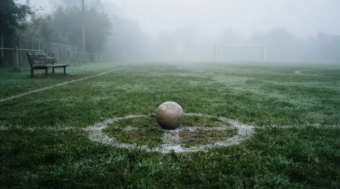 Ein Fußball liegt in der Mitte eines leeren Rasenplatzes im Morgennebel, am Rand steht eine einzelne Auswechselbank.